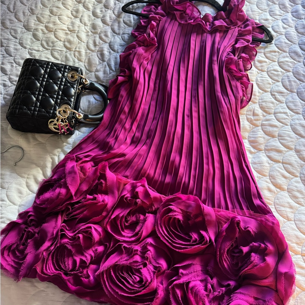 Vibrant Pink Pleated Dress with Ruffle Details - Picture 2 of 2